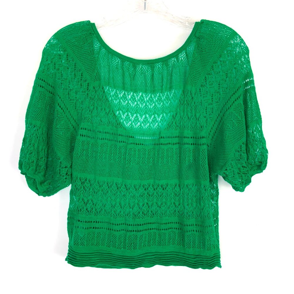 Free People Green Open Knit Short Sleeve Crop Top V-Neck Sz L - Picture 6 of 16